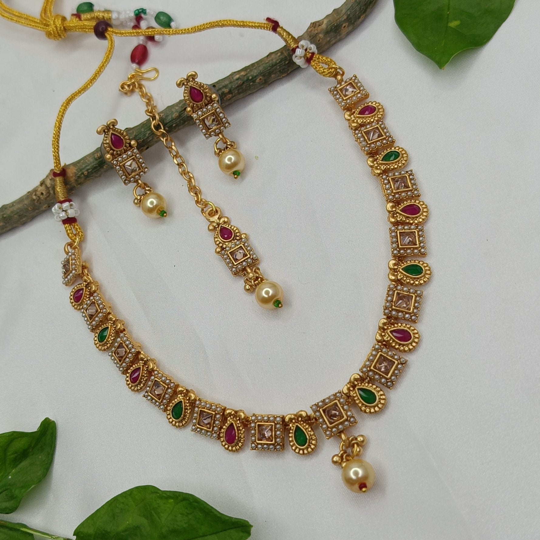 Gold Plated Multicolor Necklace Set With Earring and Maangtika