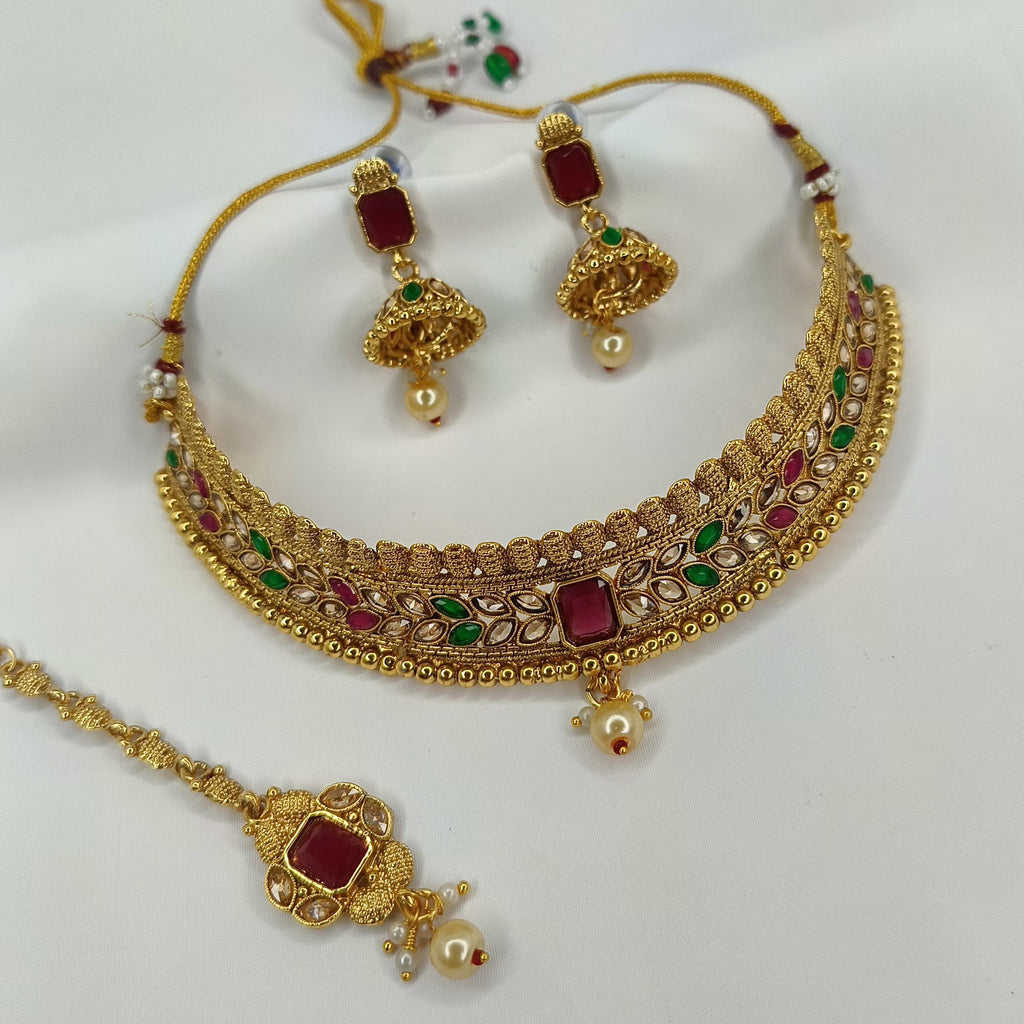 Premium Quality Gold Plated Necklace Set With Earring and Maangtika With Ad Stones ( CODE: M14)