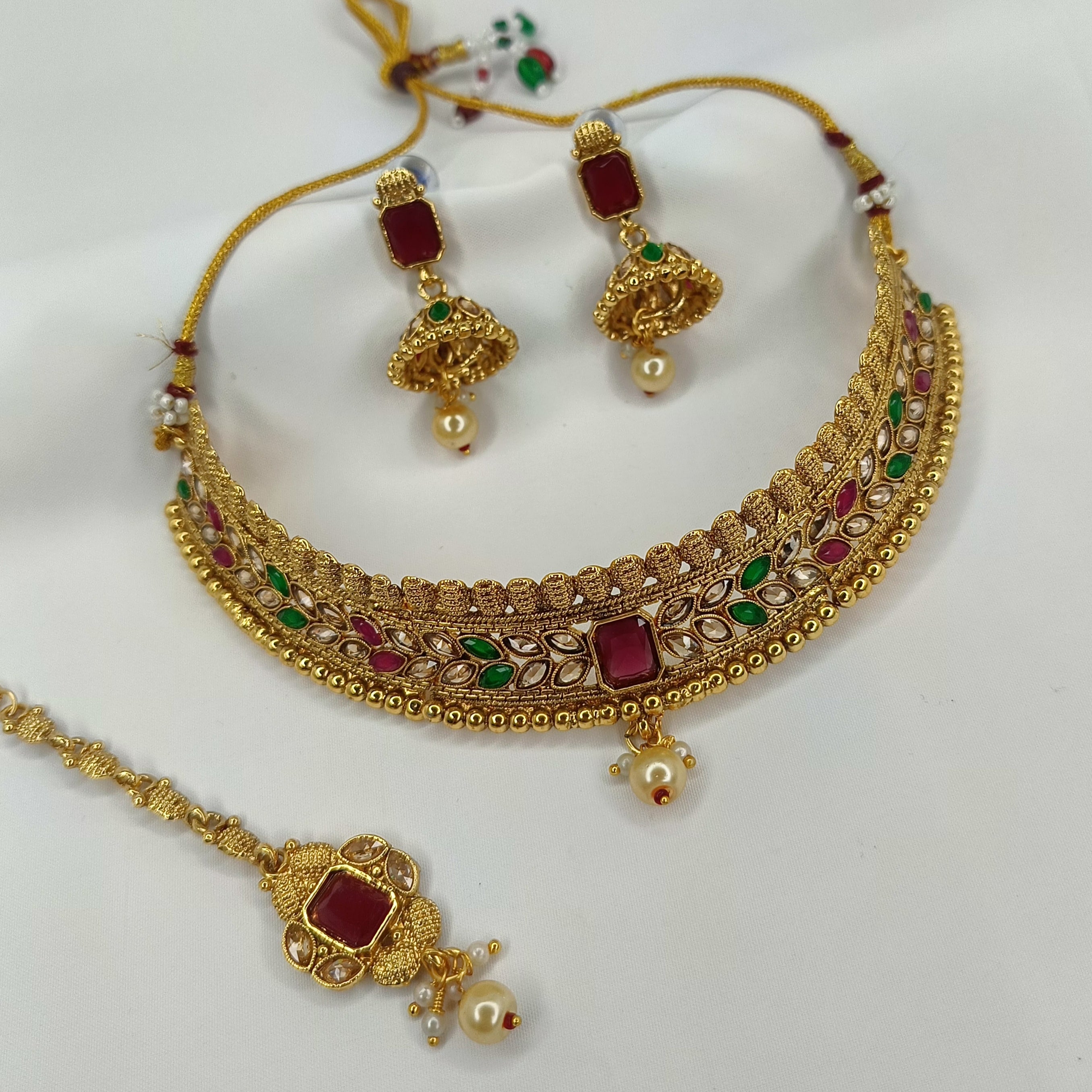 Premium Quality Gold Plated Necklace Set With Earring and Maangtika With Ad Stones ( CODE: M14)