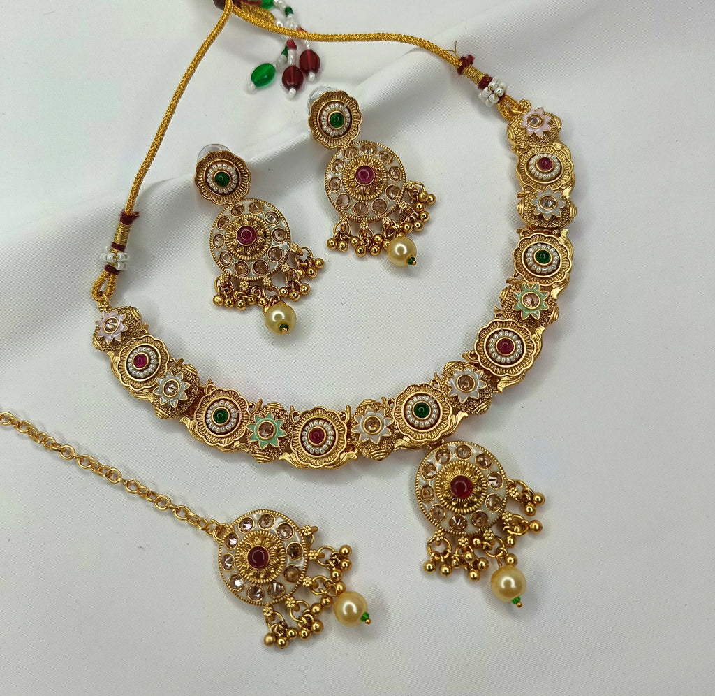 Traditional Gold Plated Multicolor Necklace Set With Earring and Maangtika ( CODE: M10)