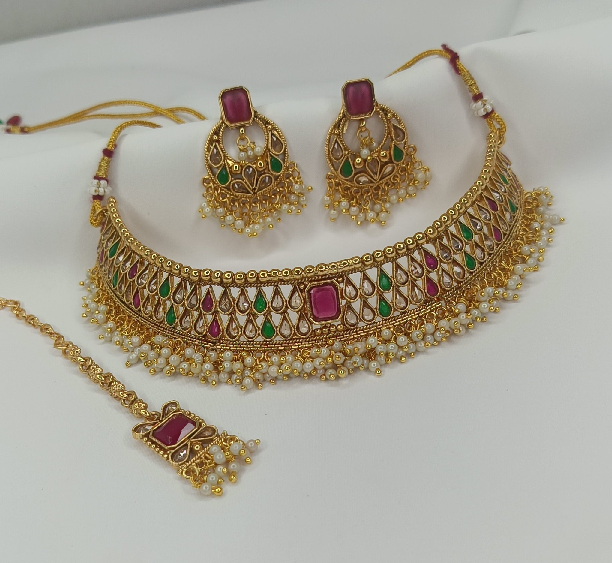 Premium Quality Gold Plated AD Stone Necklace Set With Earring and Maangtika ( CODE: 1318 )