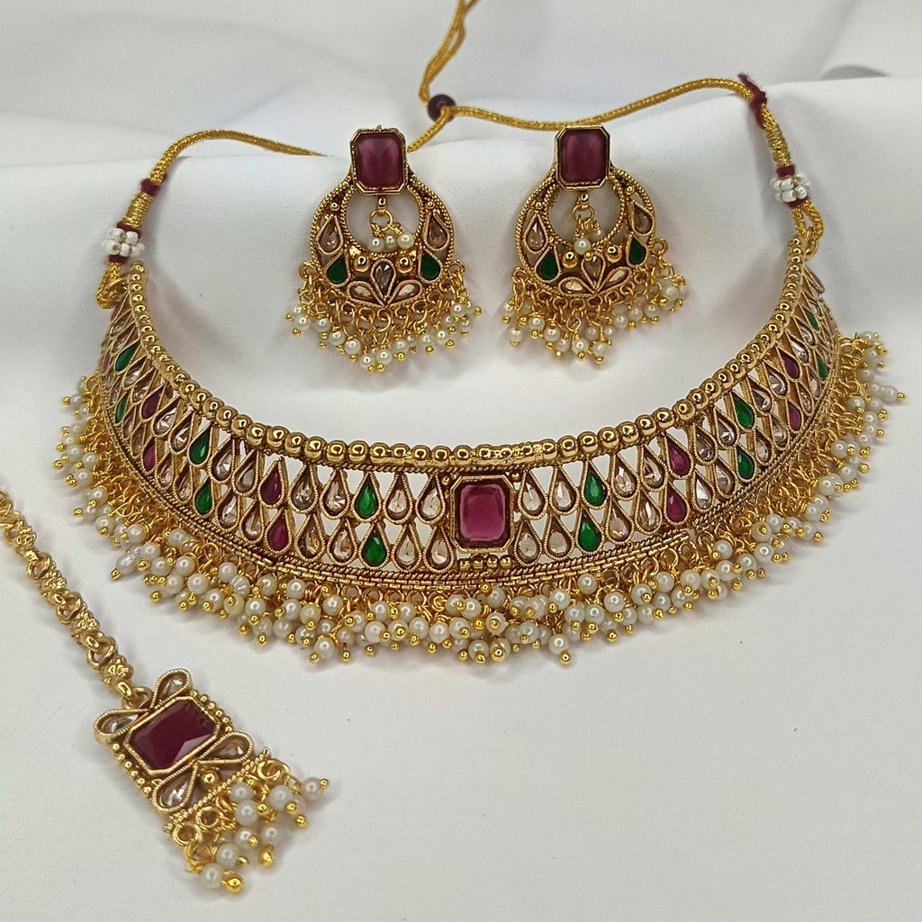 Premium Quality Gold Plated AD Stone Necklace Set With Earring and Maangtika ( CODE: 1318 )