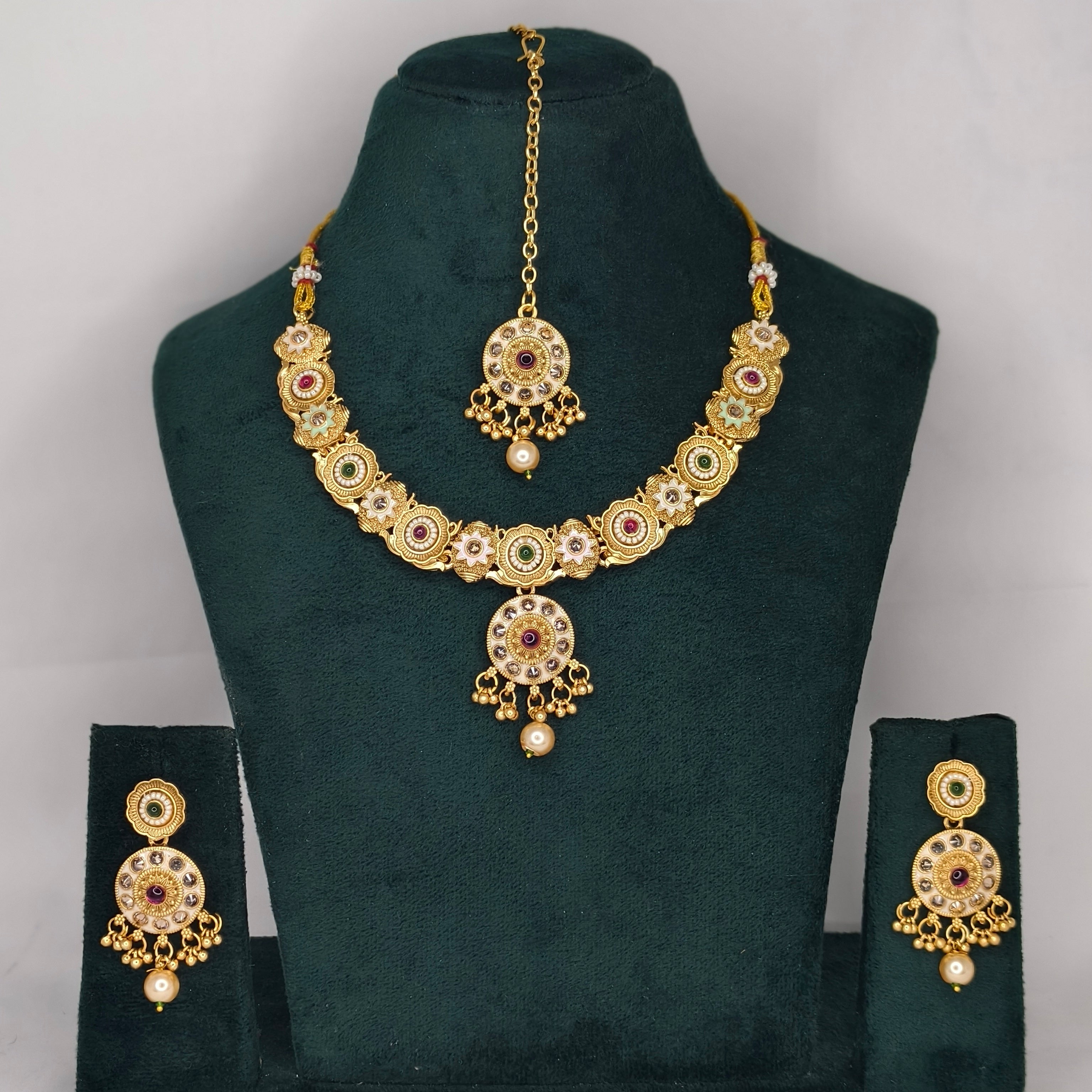 Gold Plated Rajwadi Finish AD Necklace Set