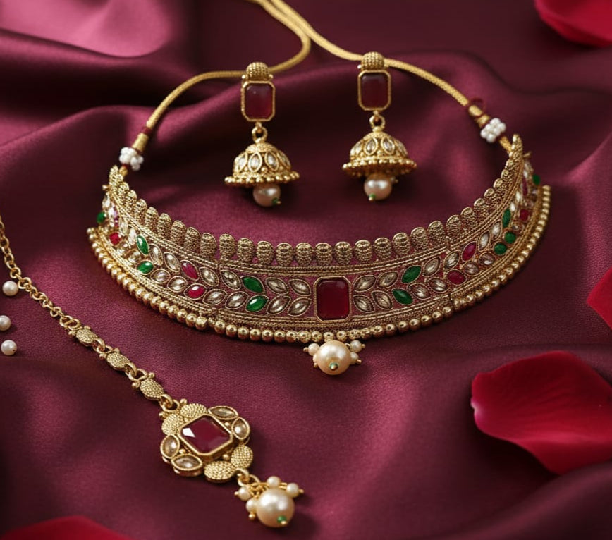 Premium Quality Gold Plated Necklace Set With Earring and Maangtika With Ad Stones ( CODE: M14)