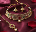 Premium Quality Gold Plated Necklace Set With Earring and Maangtika With Ad Stones ( CODE: M14)