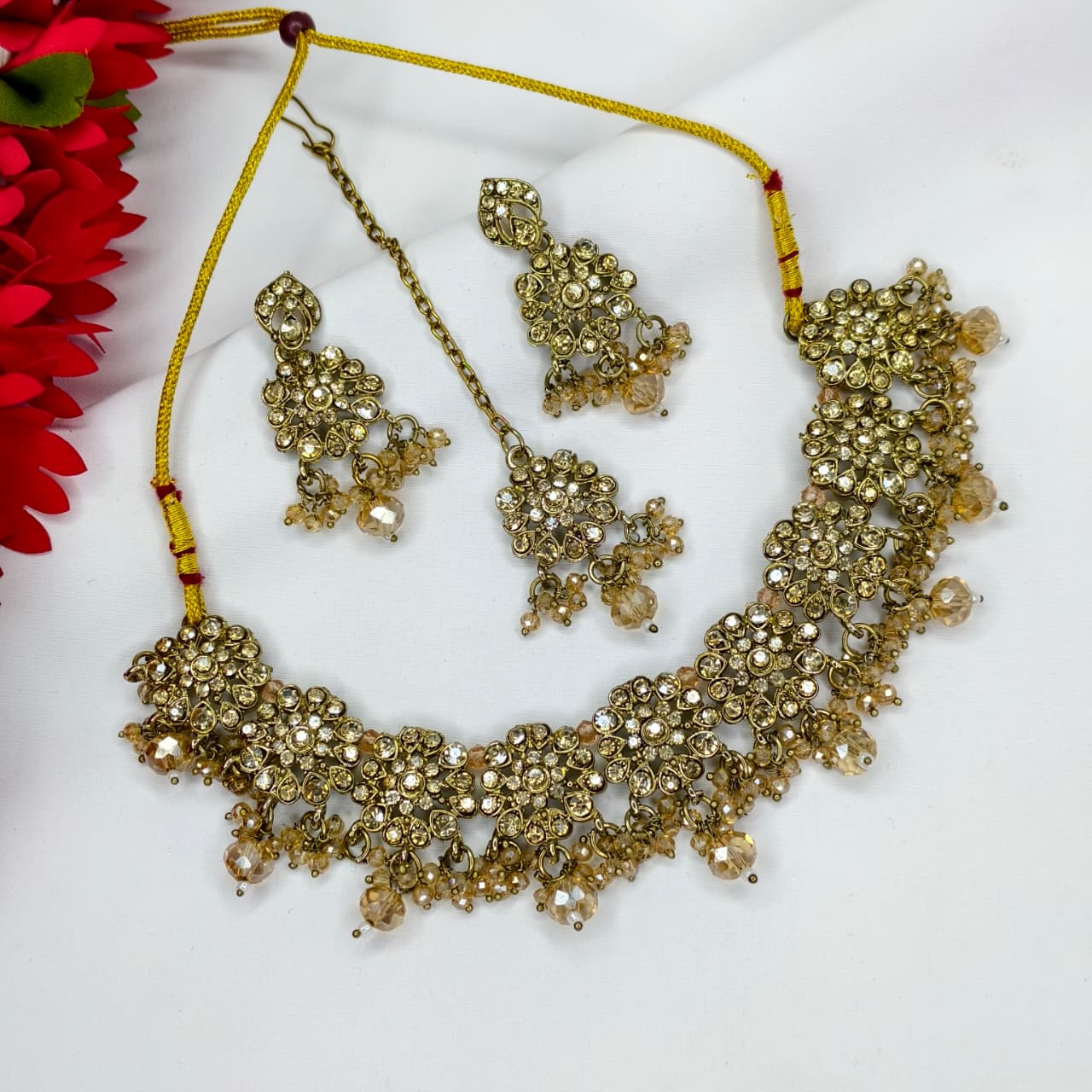 Shadow Stone Mehandi Polished Necklace Set With Earring and Maangtika ( CODE: OD-1)