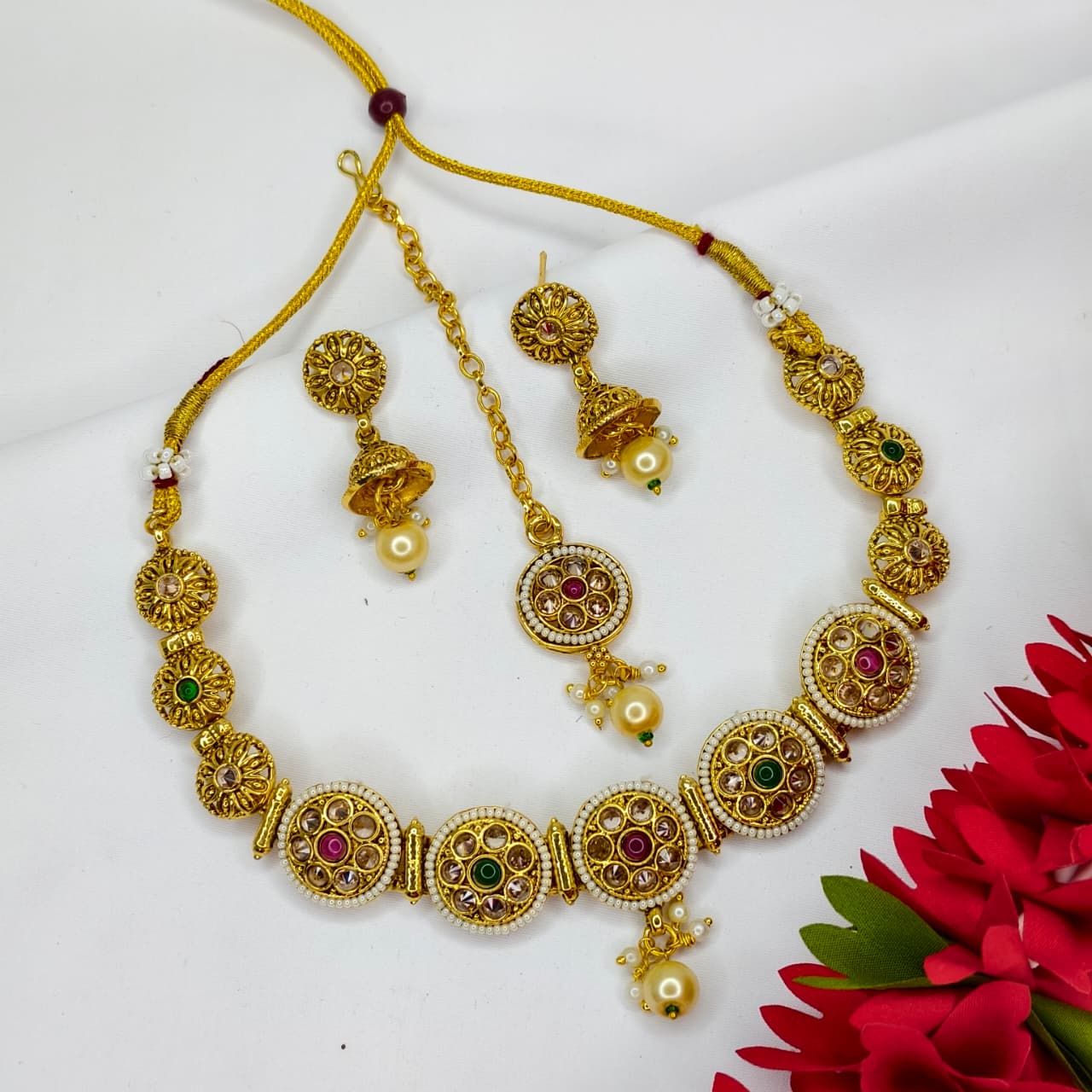 Classic Gold Plated Necklace Set With Earring and Maangtika (CODE: M-21)