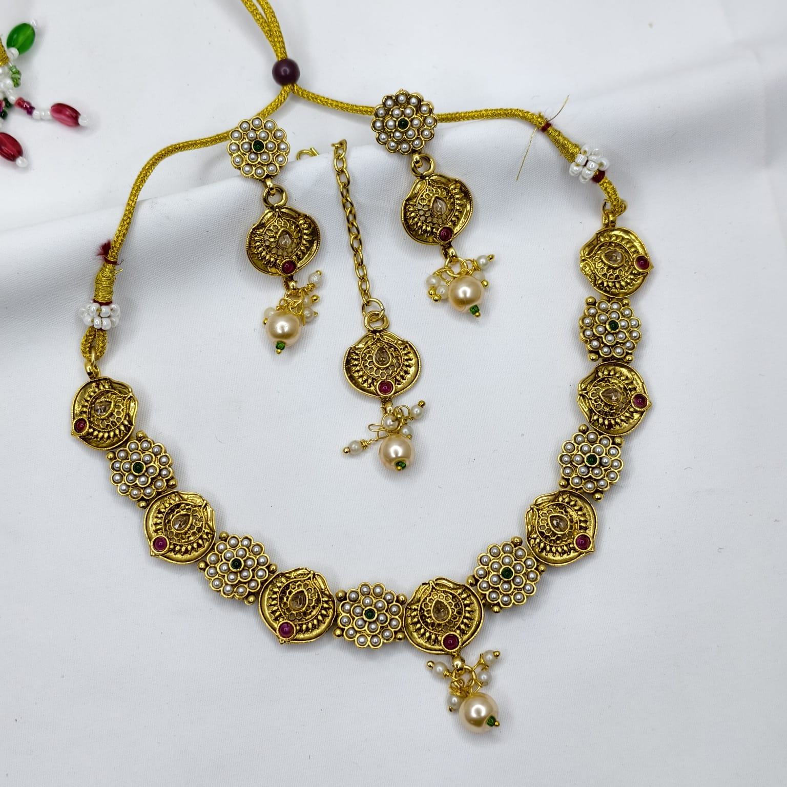 Gold Plated Pearl Necklace Set With Earring and Maangtika