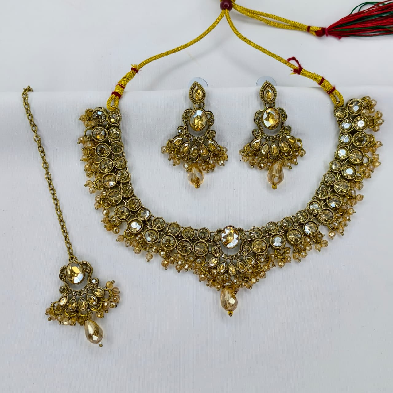 Shadow Stone Mehandi Polished Necklace Set With Earring and Maangtika ( CODE: B11)