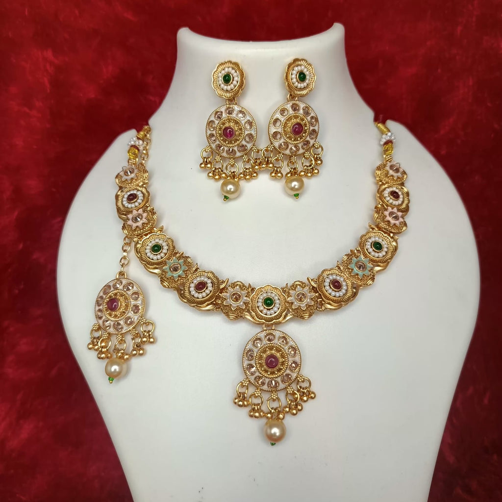 Traditional Gold Plated Multicolor Necklace Set With Earring and Maangtika ( CODE: M10)