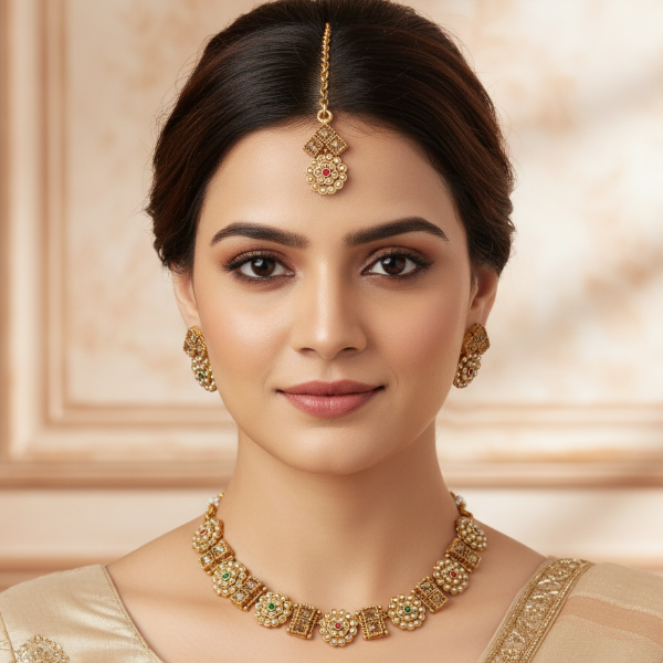 Premium Quality Gold Plated Necklace Set With Earring and Maangtika (CODE:M7)
