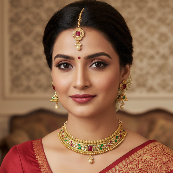 Premium Quality Gold Plated Necklace Set With Earring and Maangtika With Ad Stones ( CODE: M14)