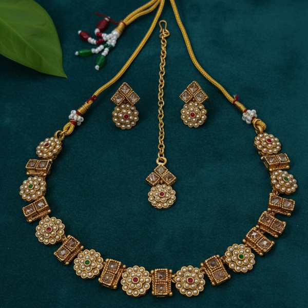 Premium Quality Gold Plated Necklace Set With Earring and Maangtika (CODE:M7)